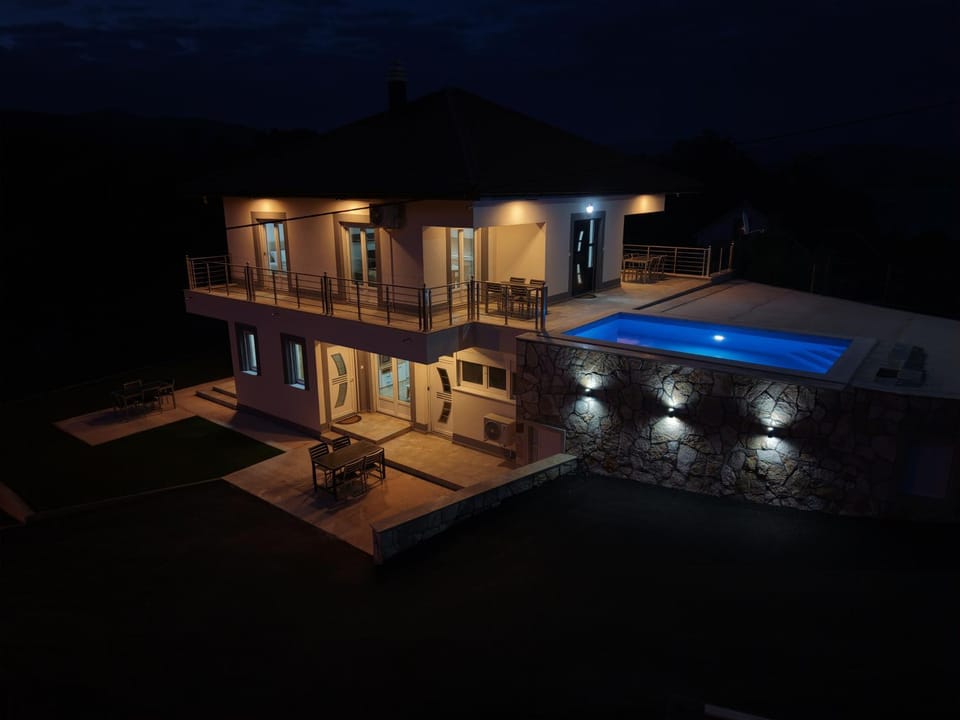 Patio, Night, Natural landscape, Pool view, Swimming pool, sunbed