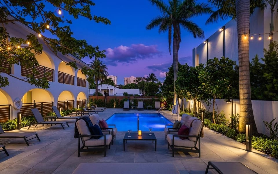 Patio, Night, Natural landscape, Pool view, sunbed