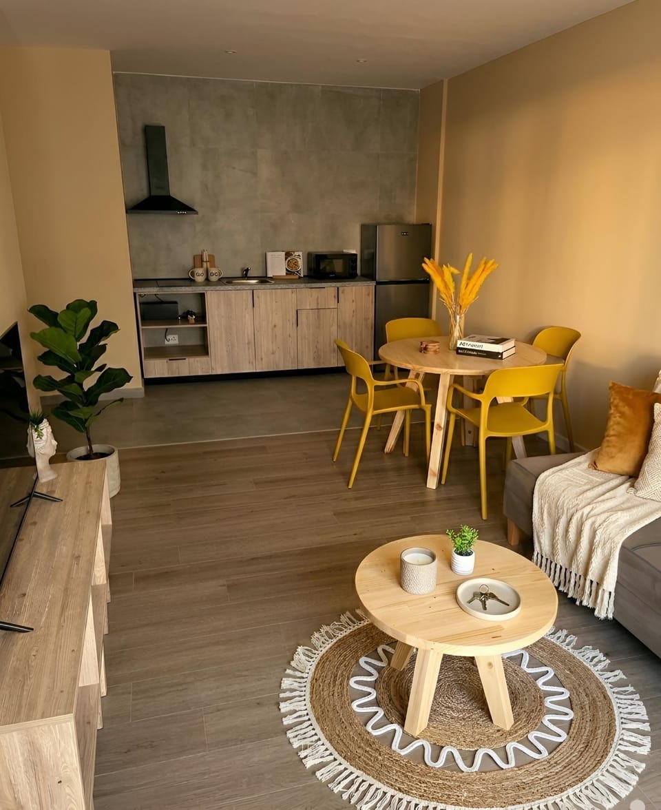 Kitchen or kitchenette, Living room, Seating area, Dining area