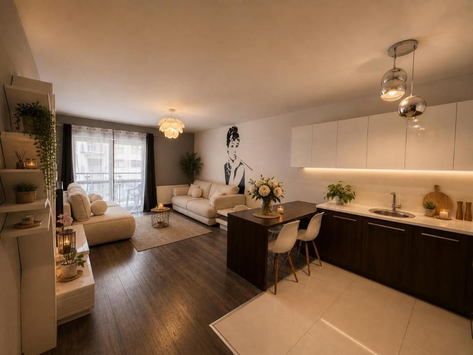 Kitchen or kitchenette, Living room, Seating area, Dining area