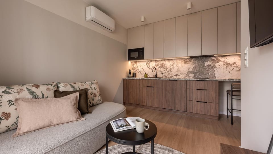 TV and multimedia, Kitchen or kitchenette, Living room, Photo of the whole room, Seating area, air conditioner