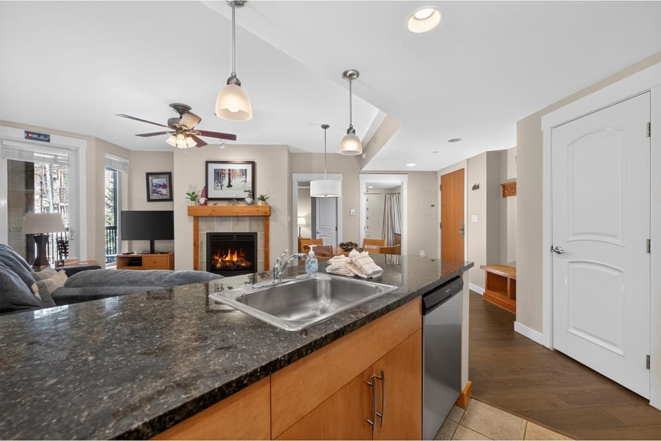 Day, TV and multimedia, Kitchen or kitchenette, Living room, Seating area, Dining area, dishwasher, fireplace, furniture