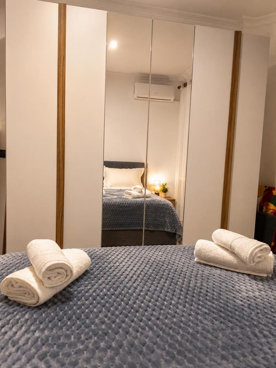 Bed, Photo of the whole room, Bedroom, towels, wardrobe, air conditioner