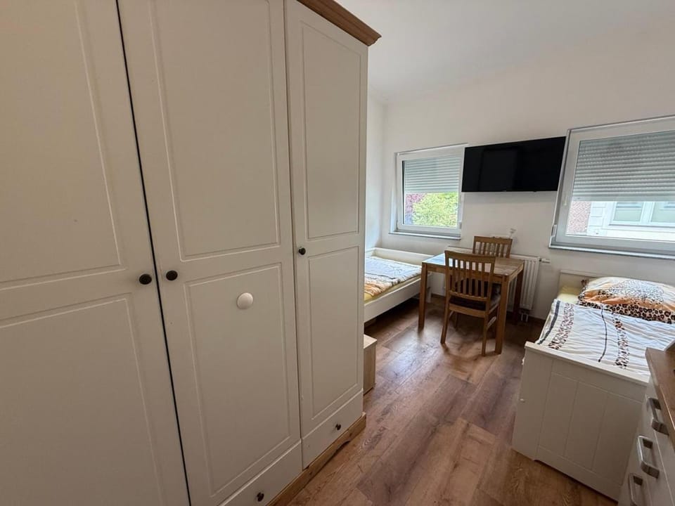 Bed, wardrobe