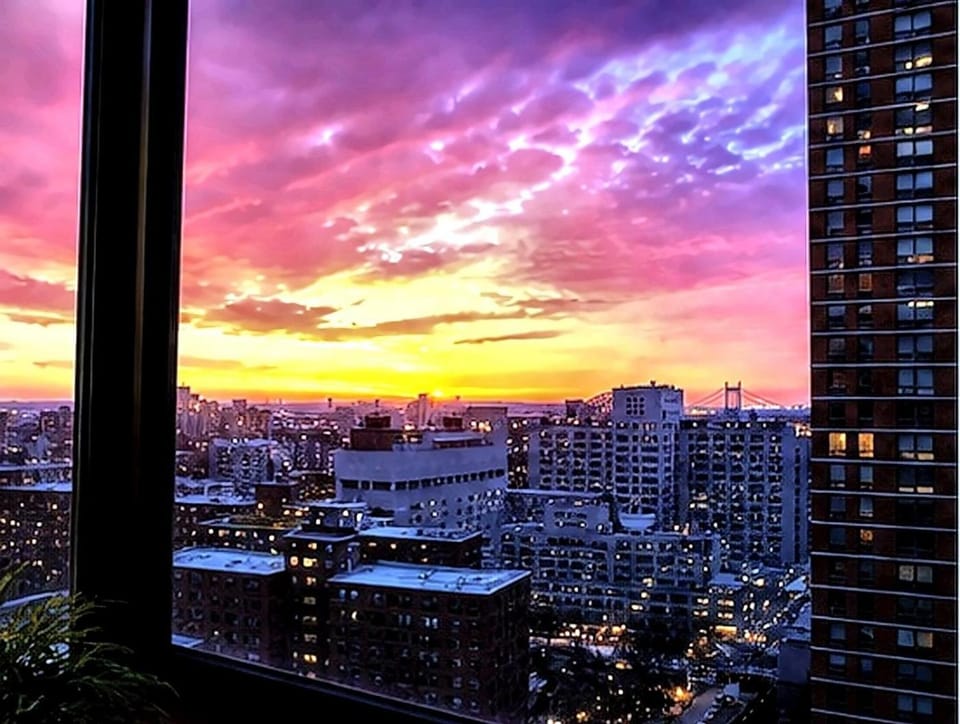 Living room, City view, Sunrise