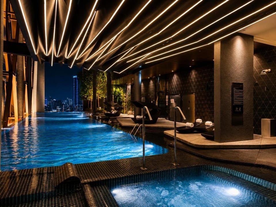 Night, Natural landscape, Pool view, Swimming pool, sunbed