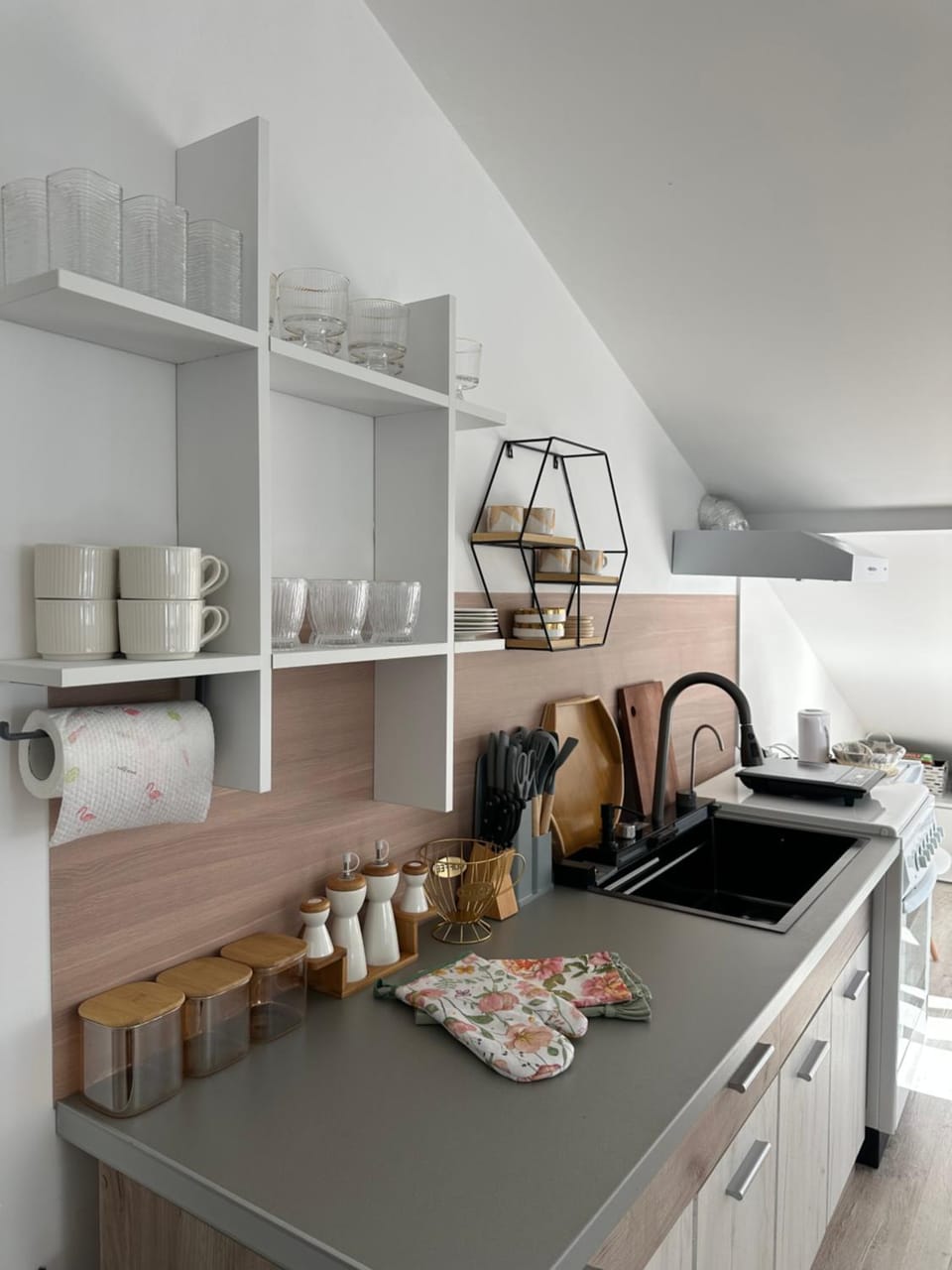 Kitchen or kitchenette, stove