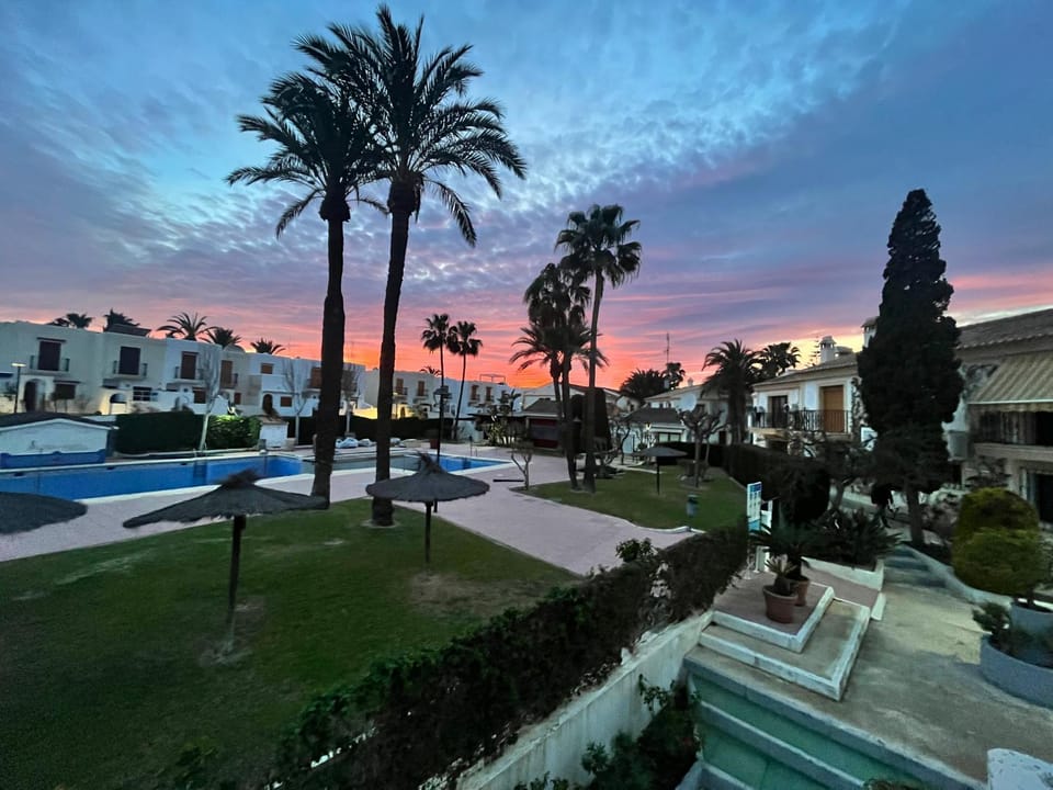 Property building, Pool view, Sunset