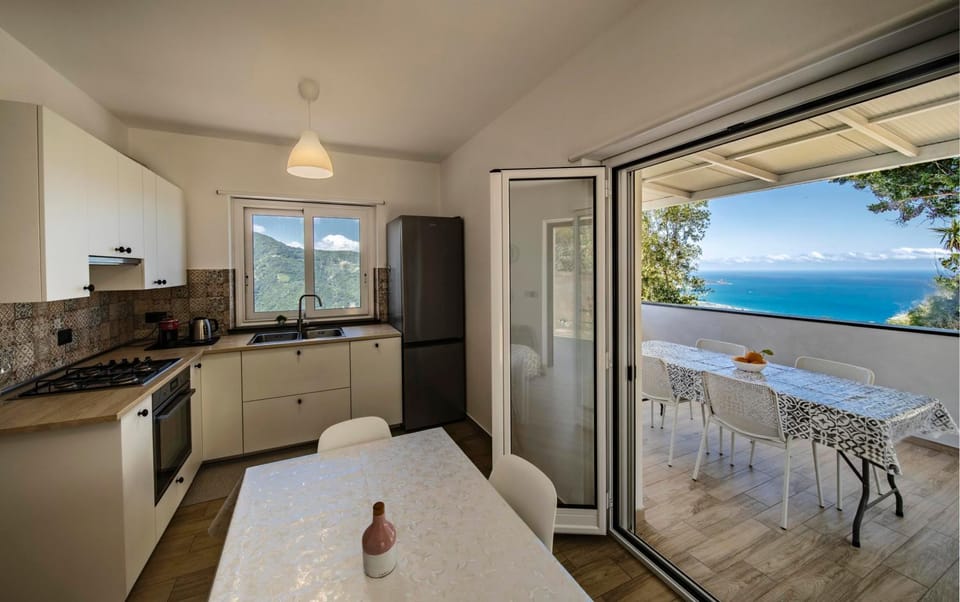 Natural landscape, View (from property/room), Balcony/Terrace, Kitchen or kitchenette, Dining area, Sea view, oven, stove