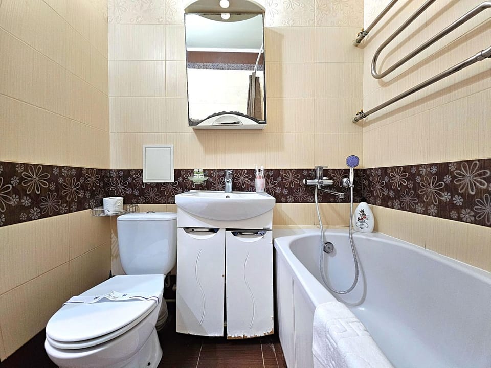 Toilet, Bathroom, Bath, towels, washing machine, dryer