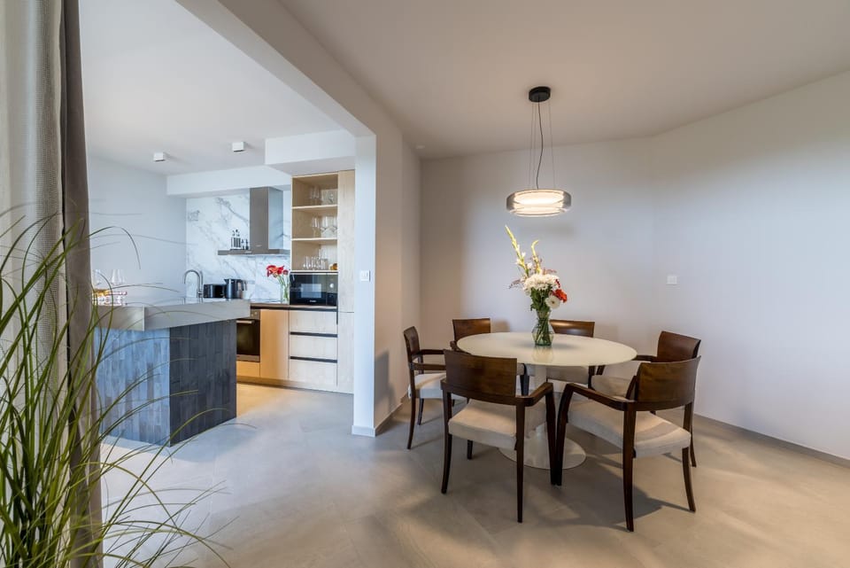 Kitchen or kitchenette, Living room, Seating area, Dining area, microwave, stove