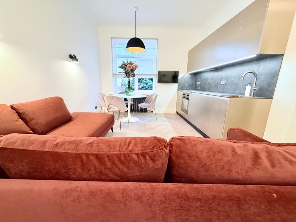 Kitchen or kitchenette, Living room, Seating area, Dining area