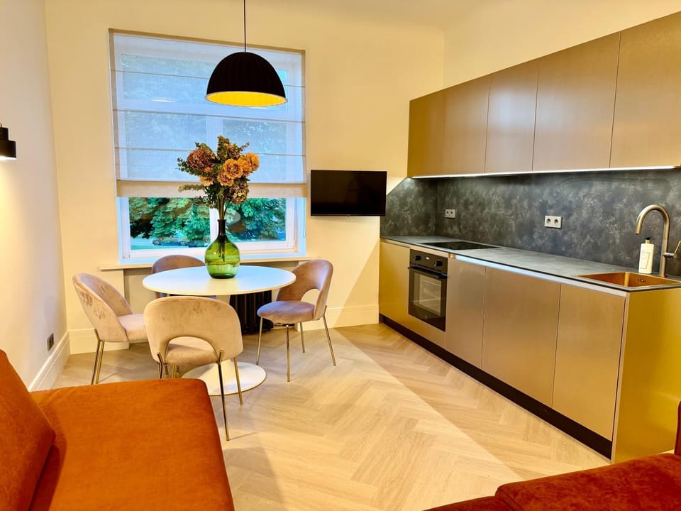 Kitchen or kitchenette, Living room, Seating area, Dining area, oven, stove