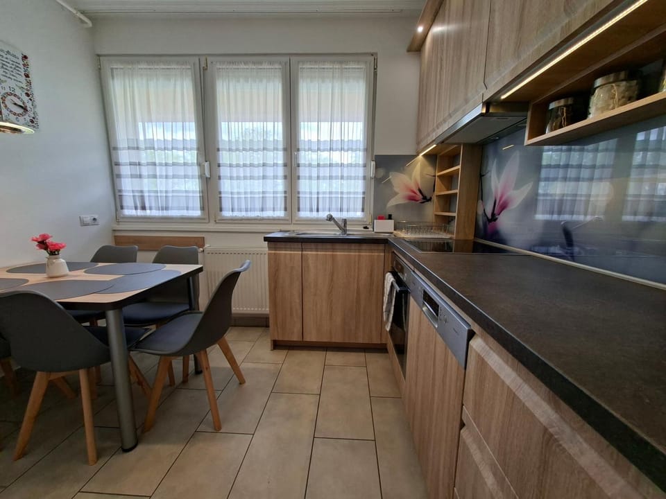 Kitchen or kitchenette, dishwasher, stove