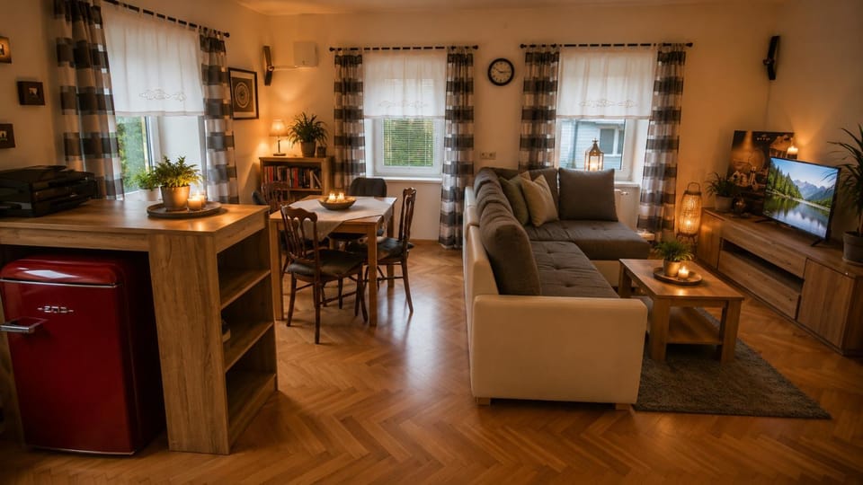 Kitchen or kitchenette, Living room, Seating area, Dining area, Evening entertainment