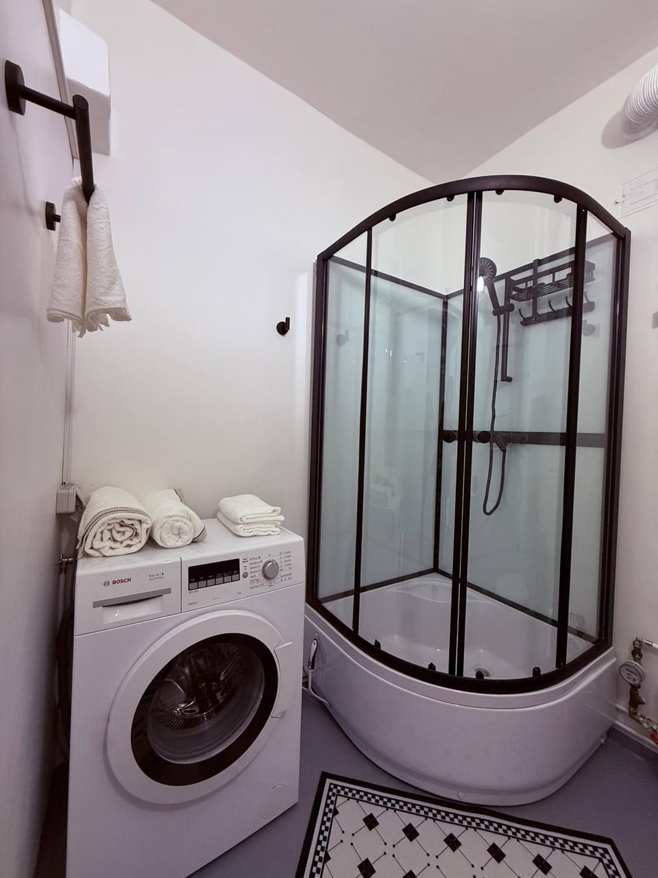 Shower, towels, washing machine
