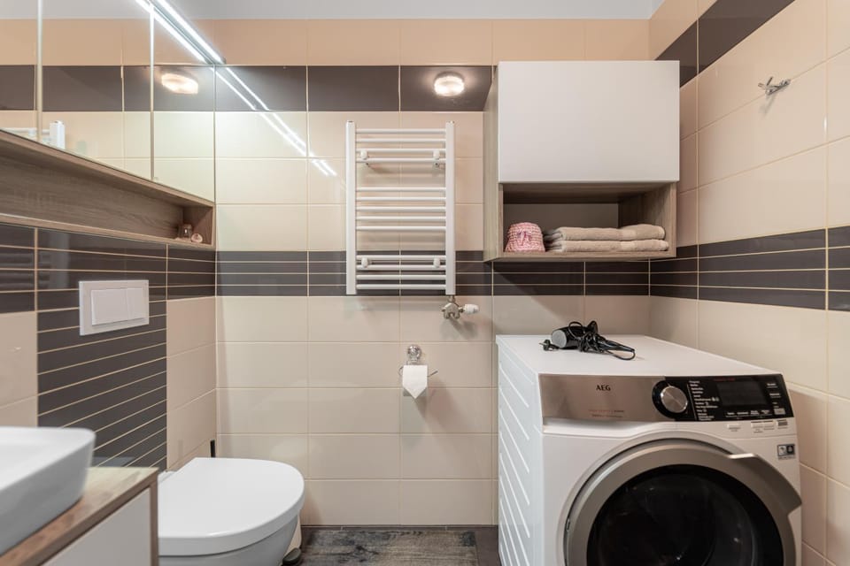 Toilet, Bathroom, hair dryier, towels, washing machine