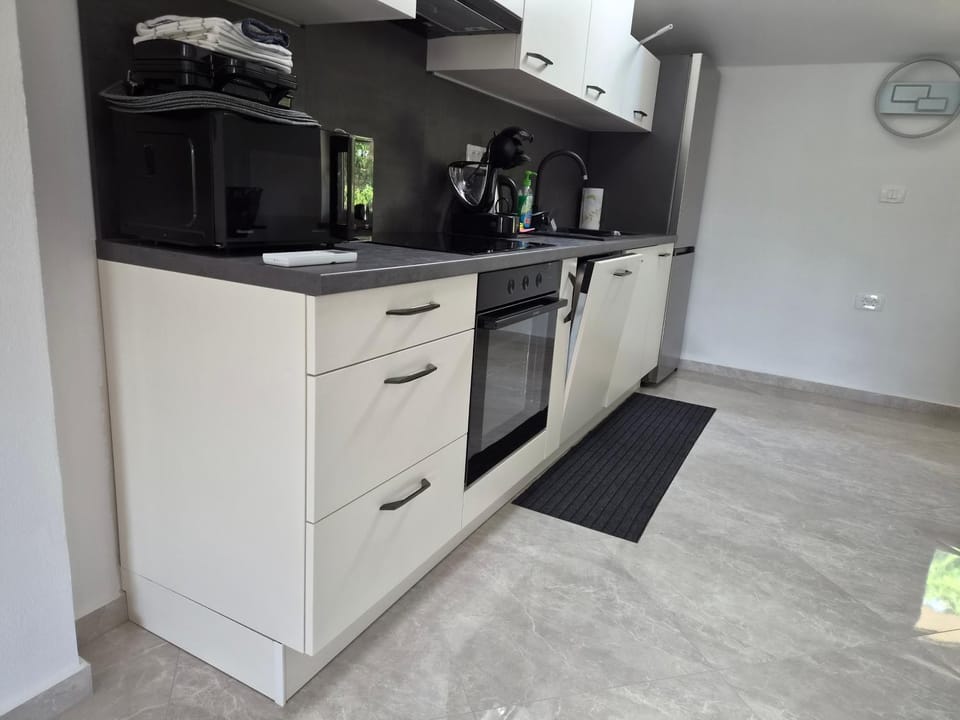 Kitchen or kitchenette, dishwasher, oven, stove