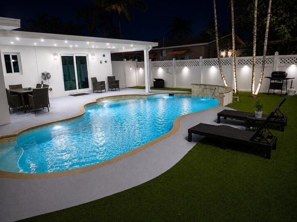 Patio, Night, Natural landscape, Evening entertainment, Swimming pool