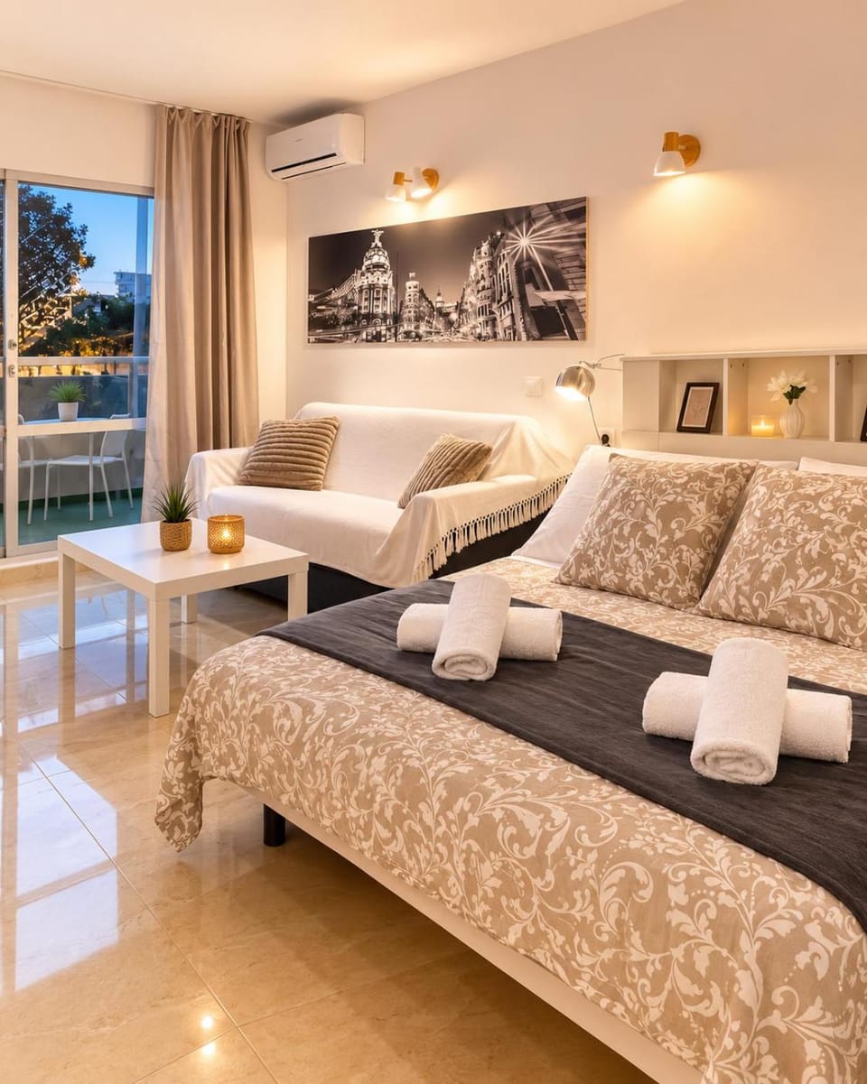 Bed, Summer, Living room, Photo of the whole room, Seating area, Bedroom, Sunset, towels, air conditioner