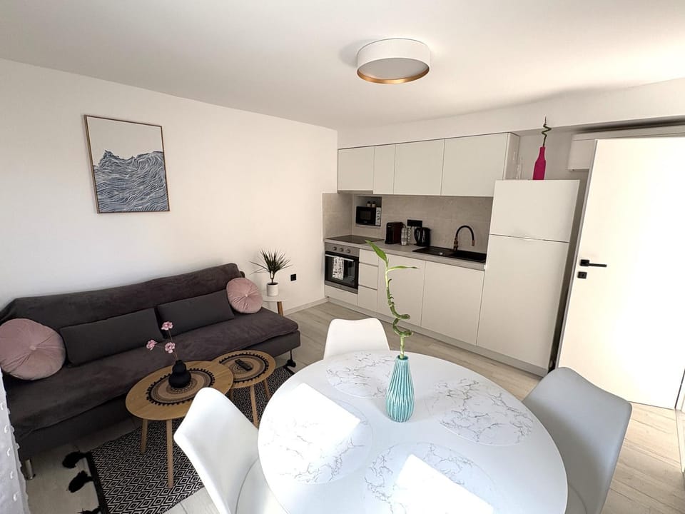 Kitchen or kitchenette, Living room, Seating area, Dining area