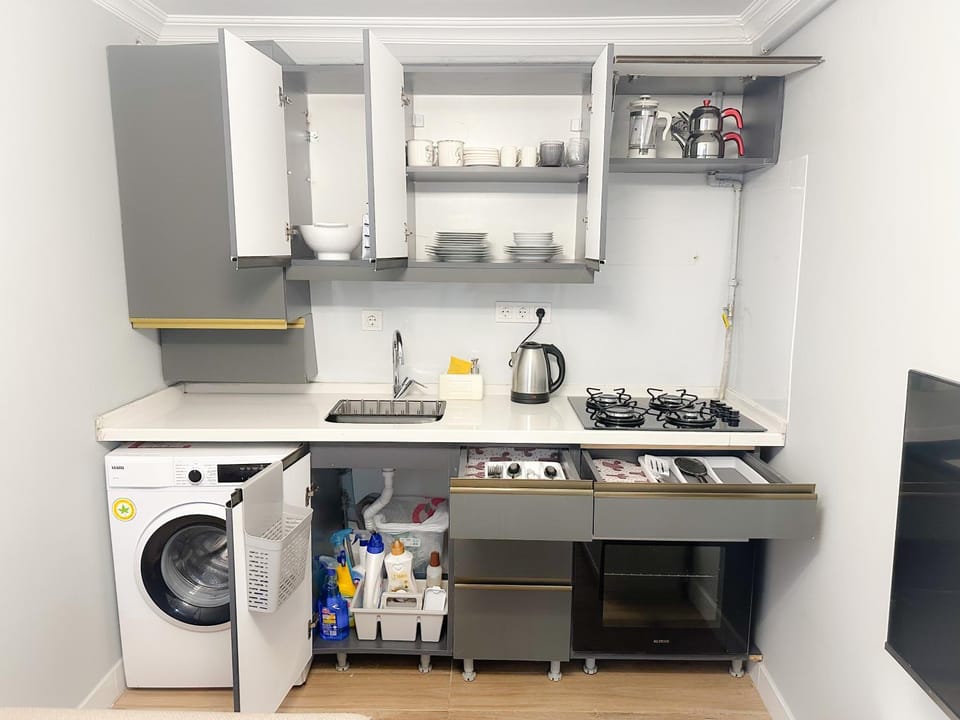 Coffee/tea facilities, Kitchen or kitchenette, oven, stove, washing machine