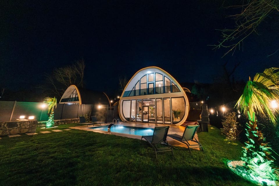 Property building, Night, Garden, Garden view, Pool view, Swimming pool