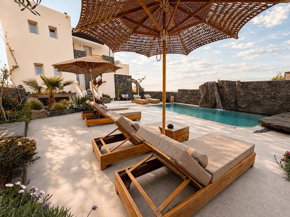 Property building, Patio, Spring, Day, Natural landscape, Garden, Living room, Seating area, Garden view, Pool view, Swimming pool, sunbed
