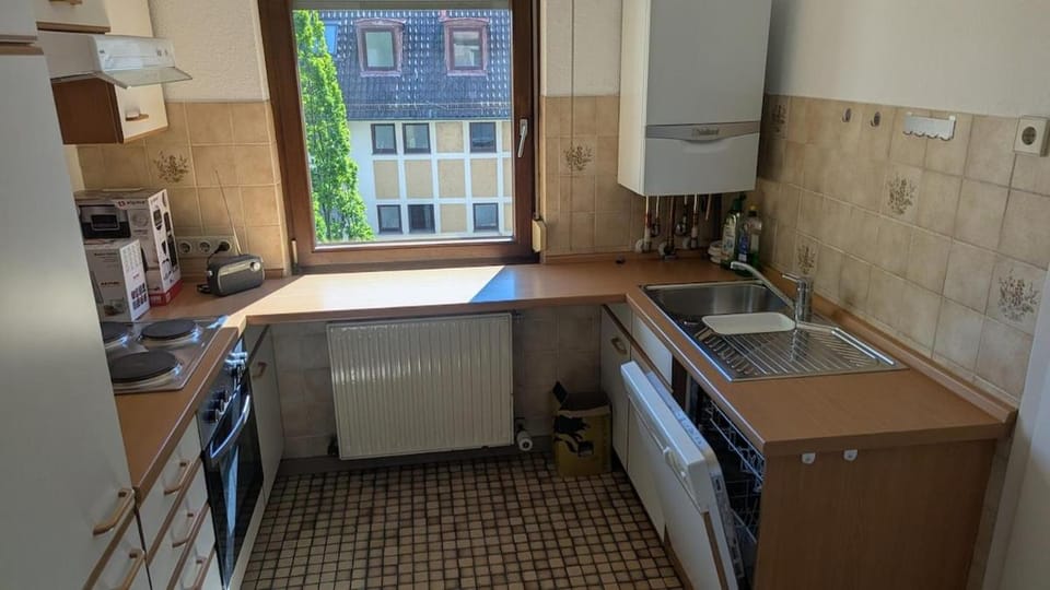 Kitchen or kitchenette, dishwasher, stove