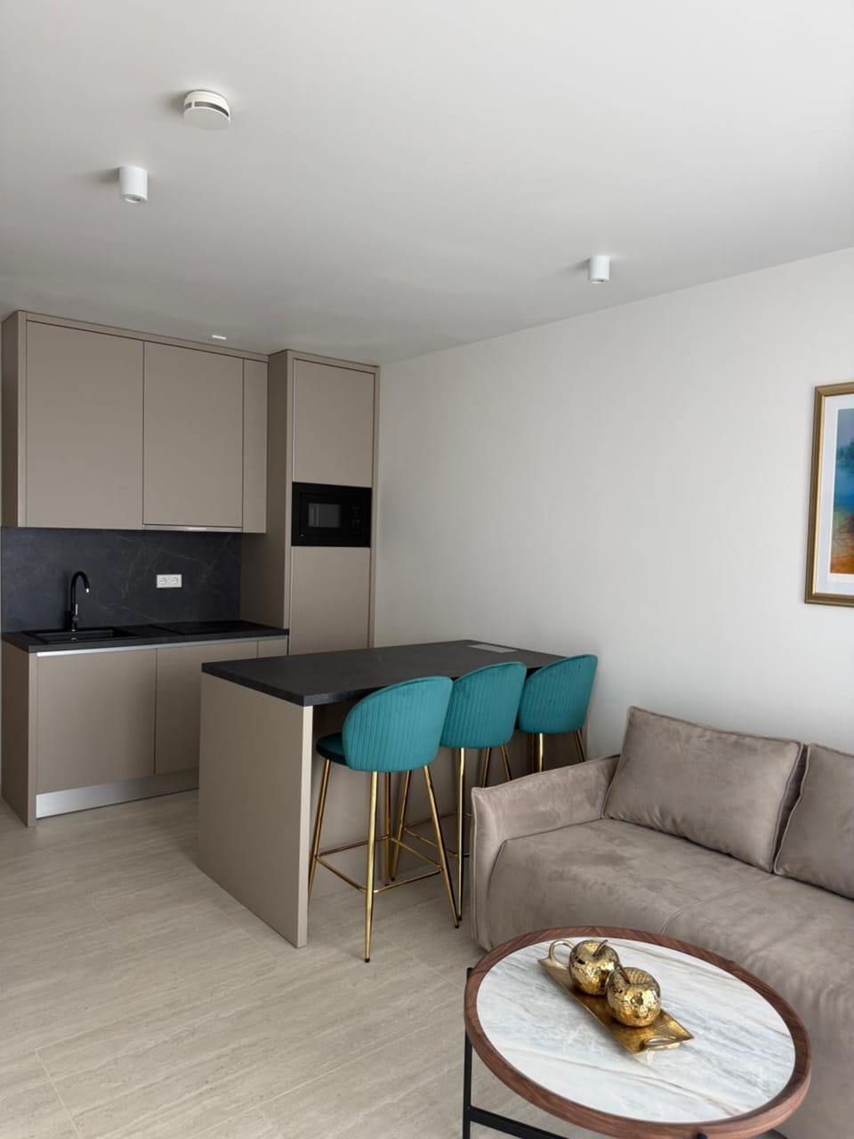 Kitchen or kitchenette, Living room, Seating area, Dining area