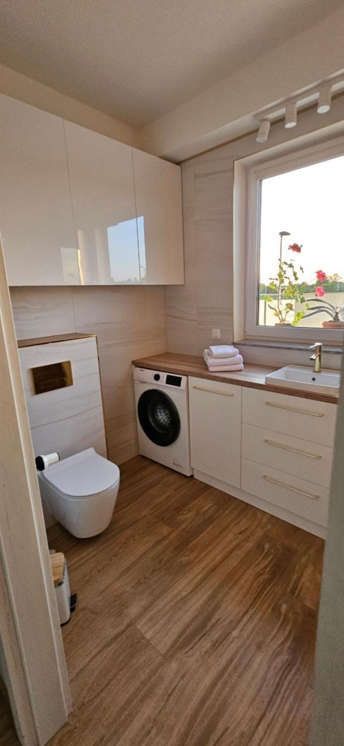 Toilet, Bathroom, towels, washing machine