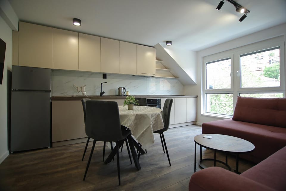 Kitchen or kitchenette, Living room, Seating area, Dining area, stove