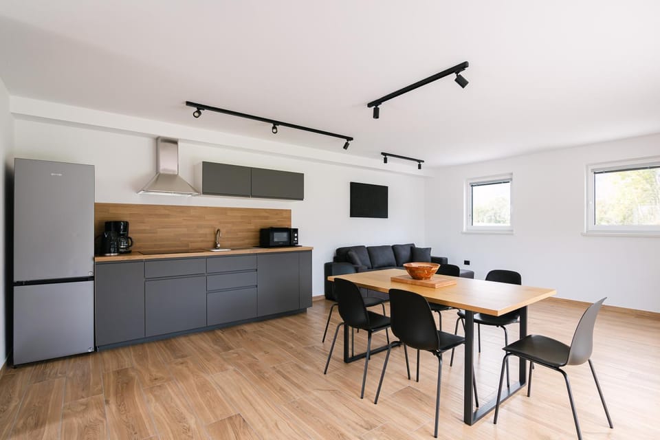 Kitchen or kitchenette, Living room, Seating area, Dining area