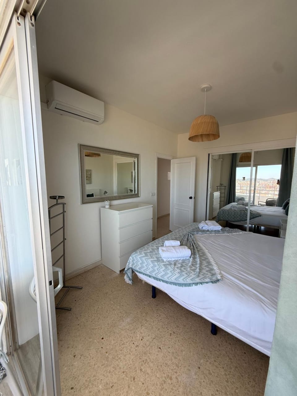Bed, Photo of the whole room, Bedroom, towels, wardrobe, air conditioner