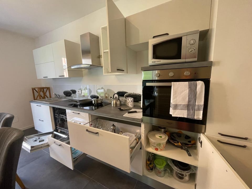 Kitchen or kitchenette, dishwasher, microwave, oven, stove, toaster