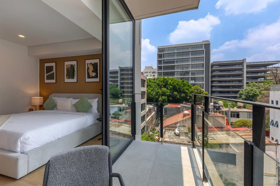 Bed, Day, View (from property/room), Balcony/Terrace, Photo of the whole room, Seating area, Bedroom, City view