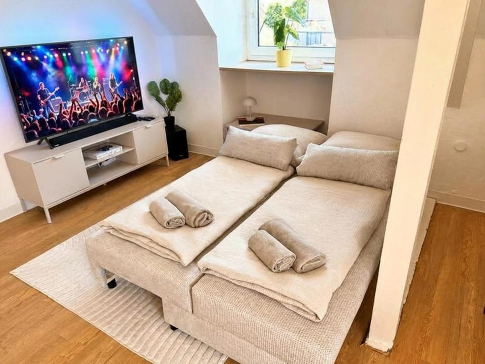 Bed, TV and multimedia, Living room, Photo of the whole room, Evening entertainment, towels