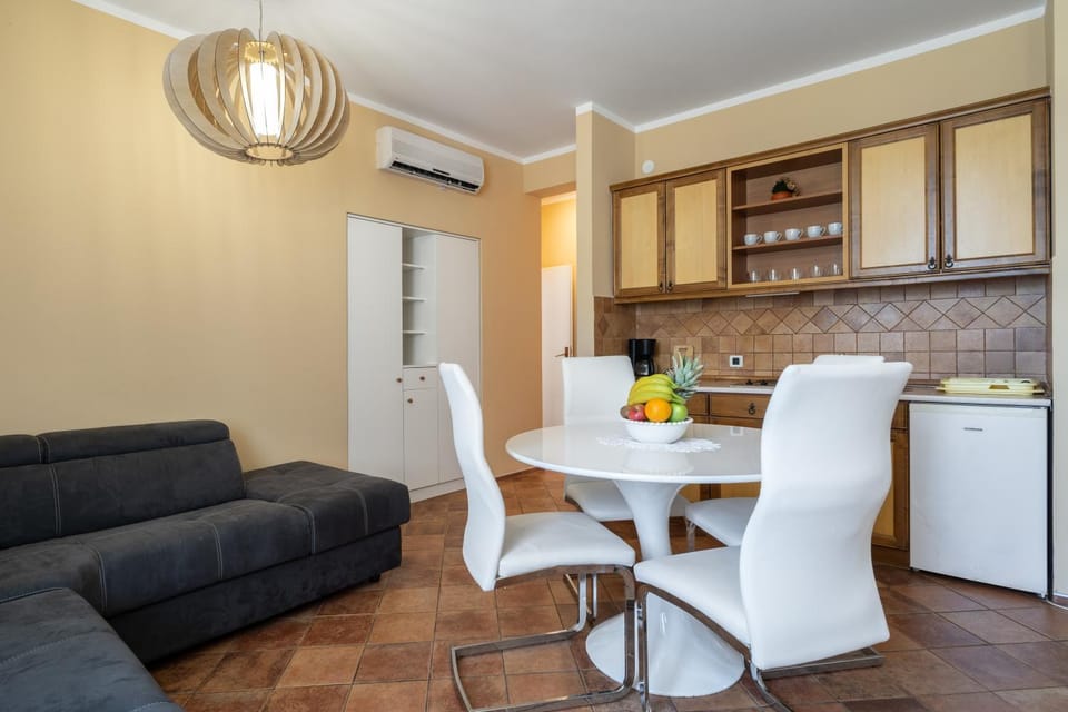 Kitchen or kitchenette, Living room, Seating area, Dining area, stove, air conditioner