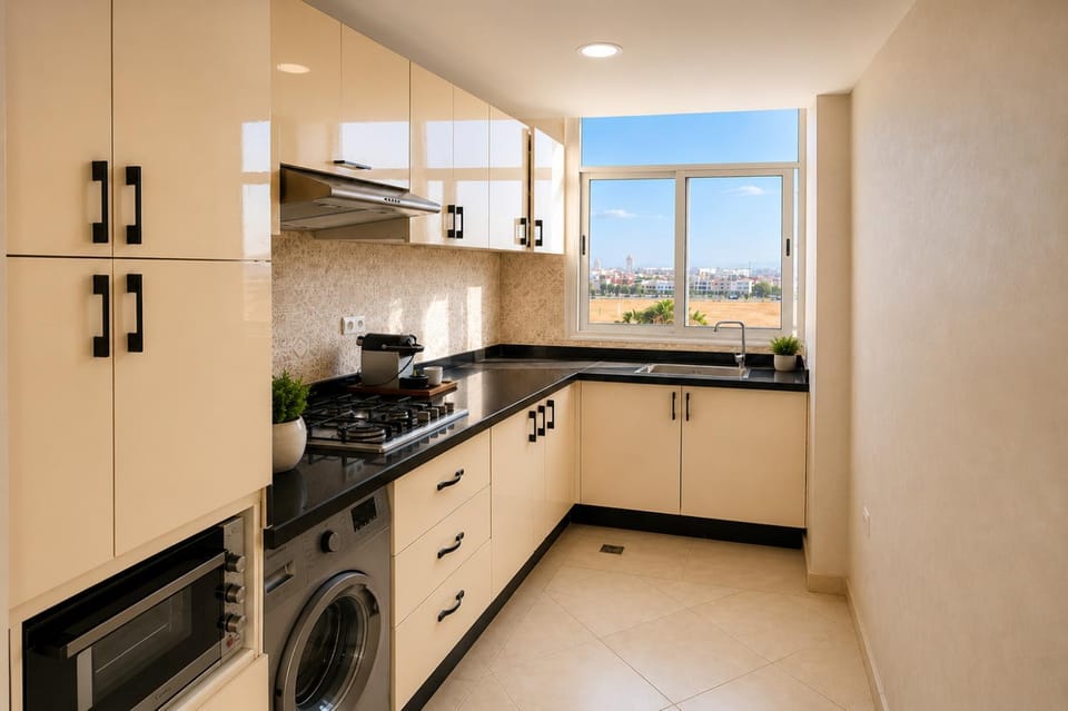 Kitchen or kitchenette, microwave, oven, stove, washing machine
