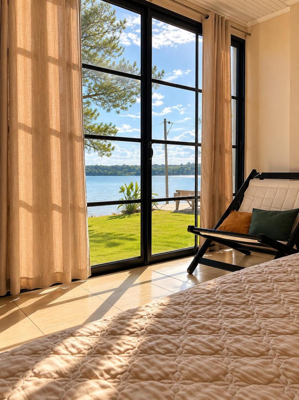 Bed, Natural landscape, Bedroom, Lake view