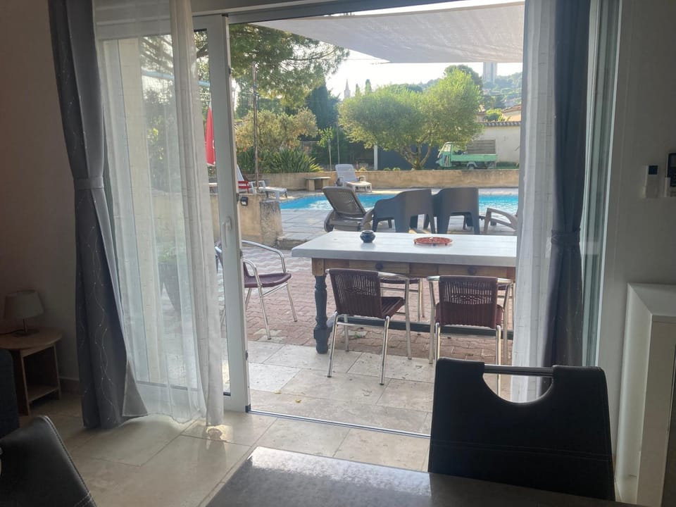 Patio, Dining area, Pool view