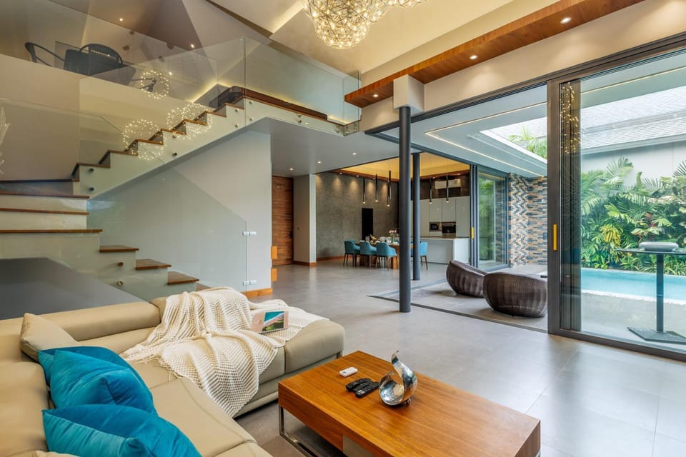 Living room, Seating area, Pool view