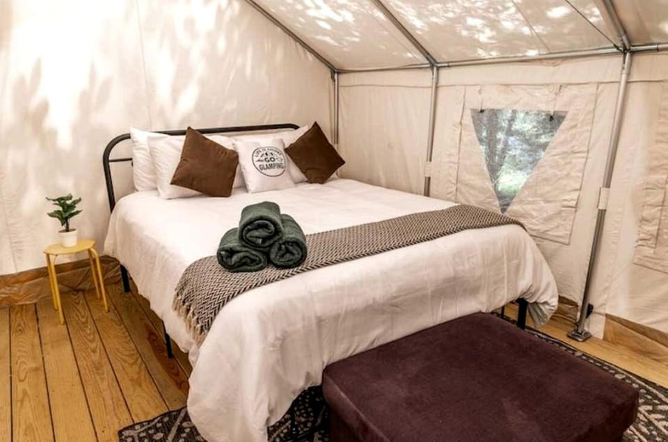 Spacious Group Glamping Site with Safari Tents, BBQ Gazebo, Fire Pits, Forest Trails in Broadalbin, New York Luxury tent in Great Sacandaga Lake