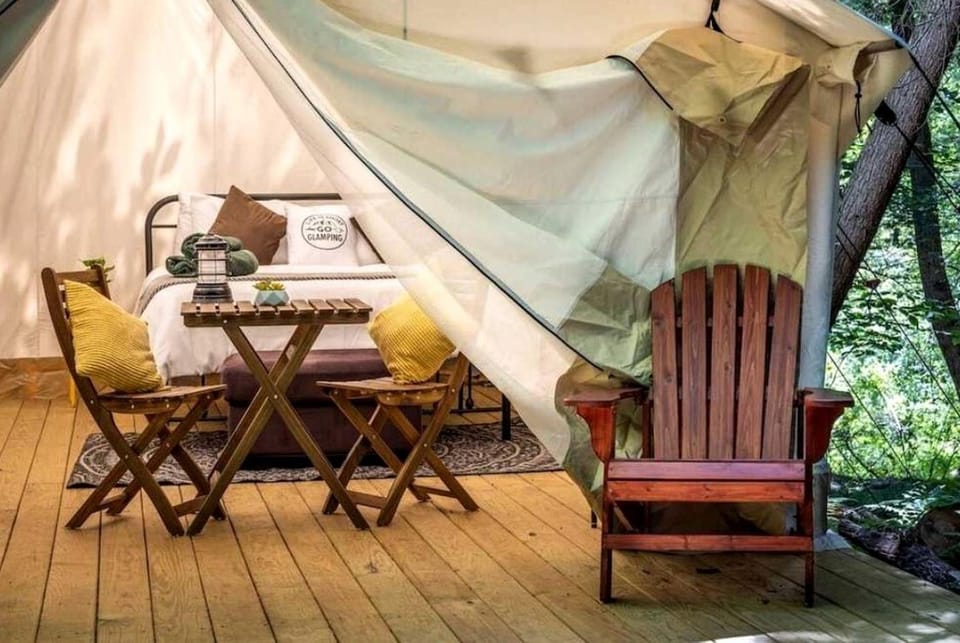 Spacious Group Glamping Site with Safari Tents, BBQ Gazebo, Fire Pits, Forest Trails in Broadalbin, New York Luxury tent in Great Sacandaga Lake