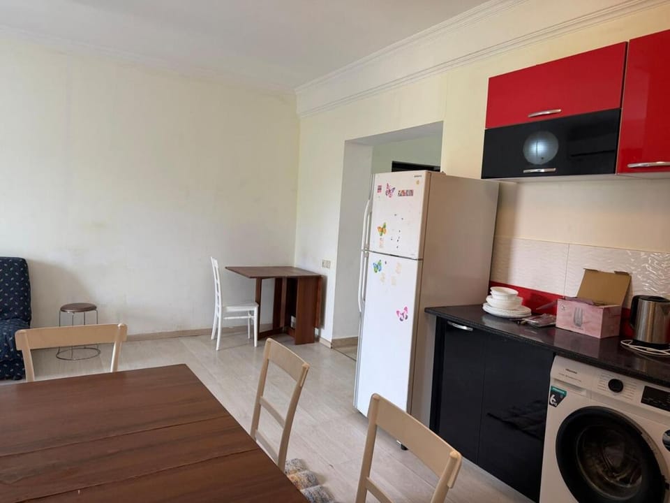 Coffee/tea facilities, Kitchen or kitchenette, Living room, Seating area, stove, washing machine