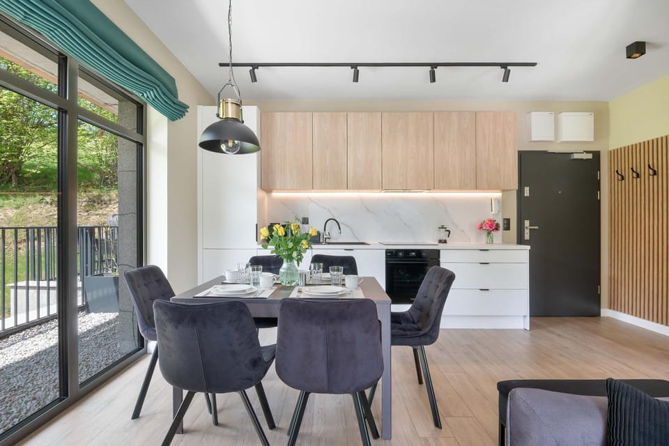 Kitchen or kitchenette, Living room, Seating area, Dining area, stove