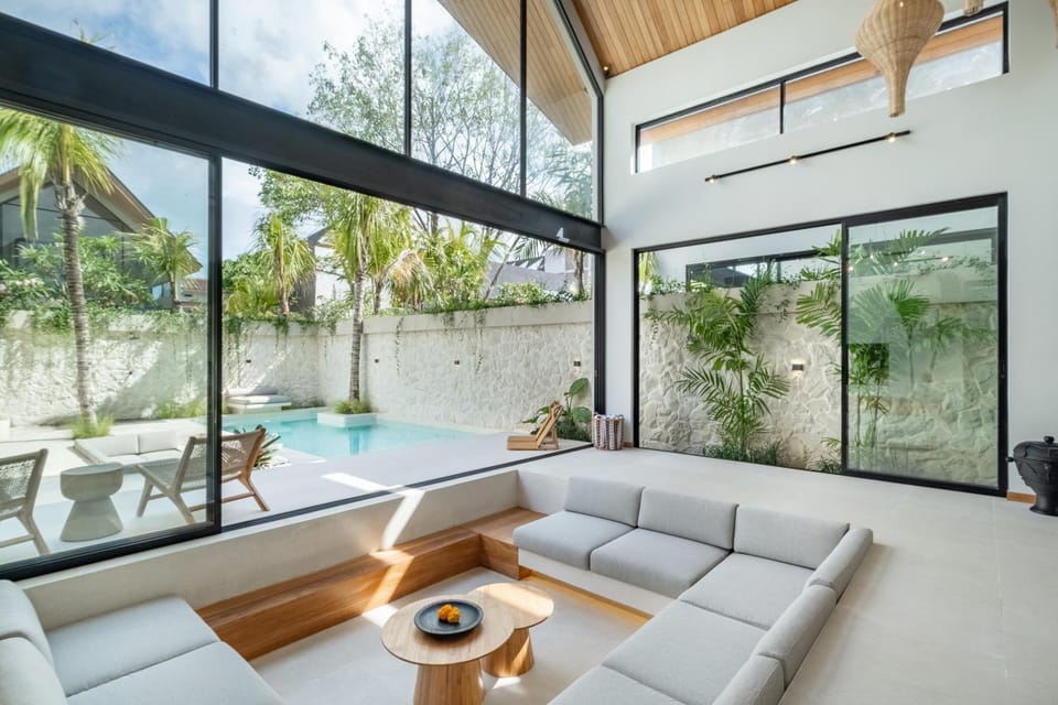 View (from property/room), Living room, Pool view, Swimming pool