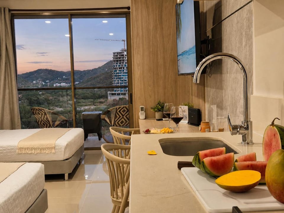 Bed, Mountain view, kitchen