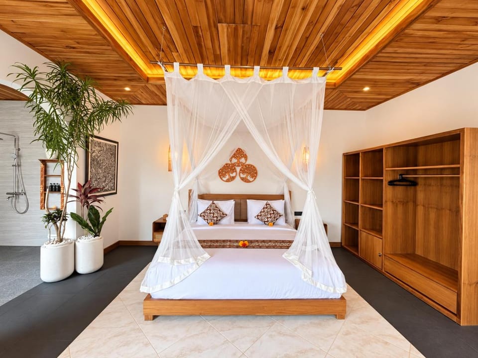 Bed, wardrobe
