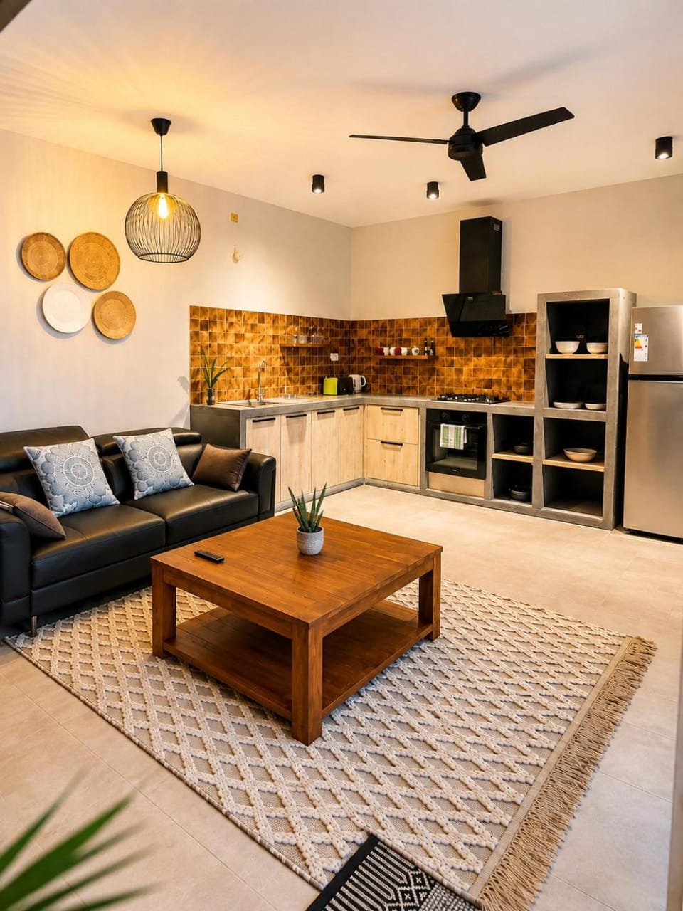 Kitchen or kitchenette, Living room, Seating area, Dining area, stove
